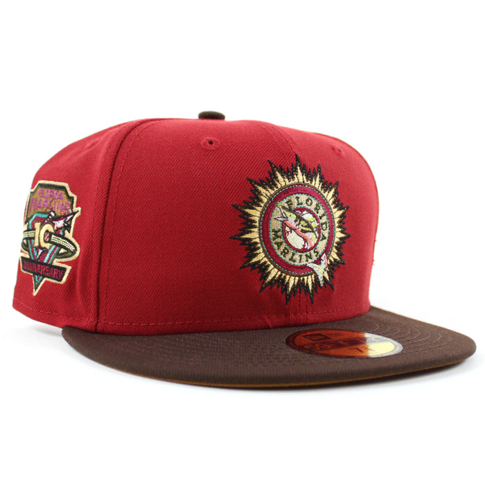 Florida Marlins 10th Anniversary New Era 59Fifty Fitted Hat (PINOT RED BURNT WOOD POLY TOASTED Under brim)