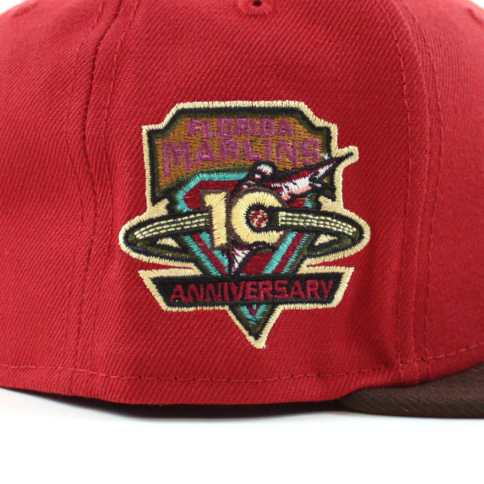 Florida Marlins 10th Anniversary New Era 59Fifty Fitted Hat (PINOT RED BURNT WOOD POLY TOASTED Under brim)