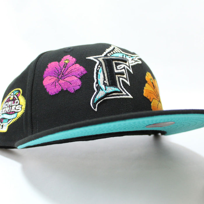 Florida Marlins Flowers 2003 World Series New Era 59Fifty Fitted Hat (Black Teal Under brim)