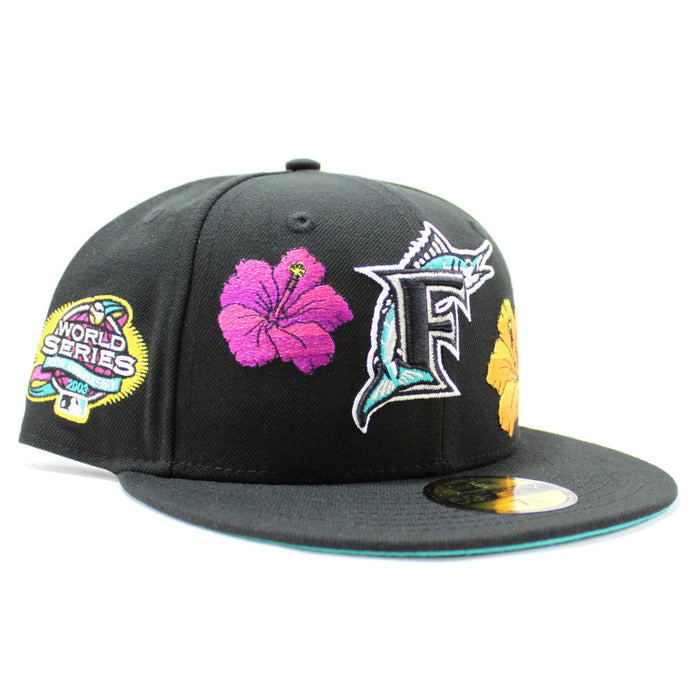 Florida Marlins Flowers 2003 World Series New Era 59Fifty Fitted Hat (Black Teal Under brim)