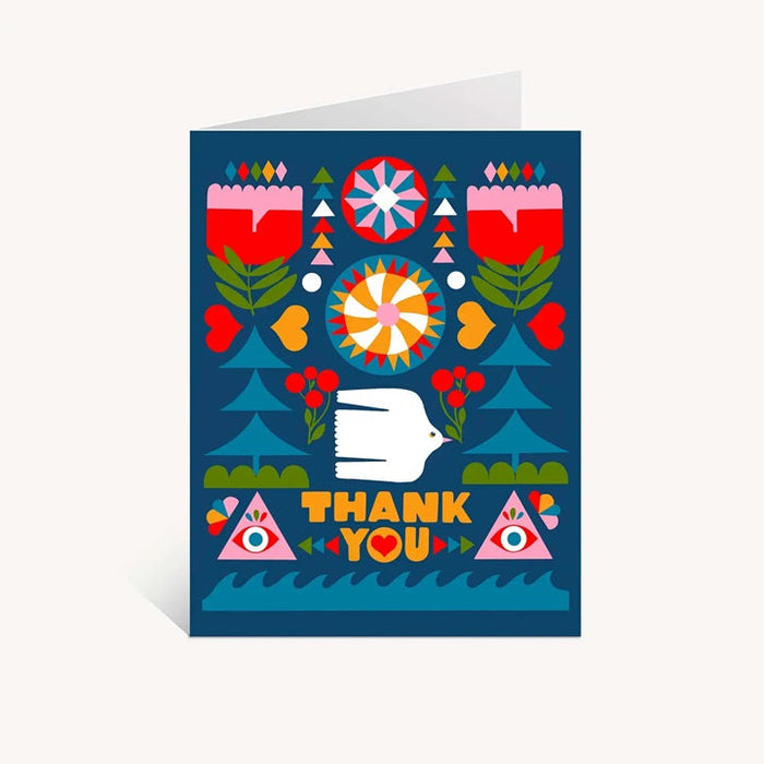 Thank you card with folk floral design, bird, and bold 'THANK YOU' lettering