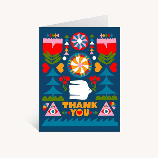 Thank you card with folk floral design, bird, and bold 'THANK YOU' lettering