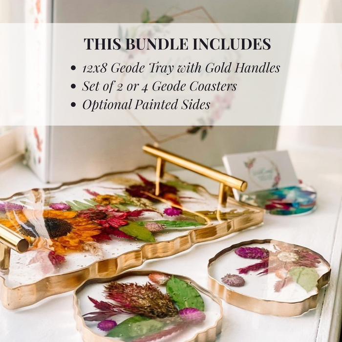 Wide landscape photo of a pressed flower 12x8 geode resin tray with mixed dried botanical layers, updated angle