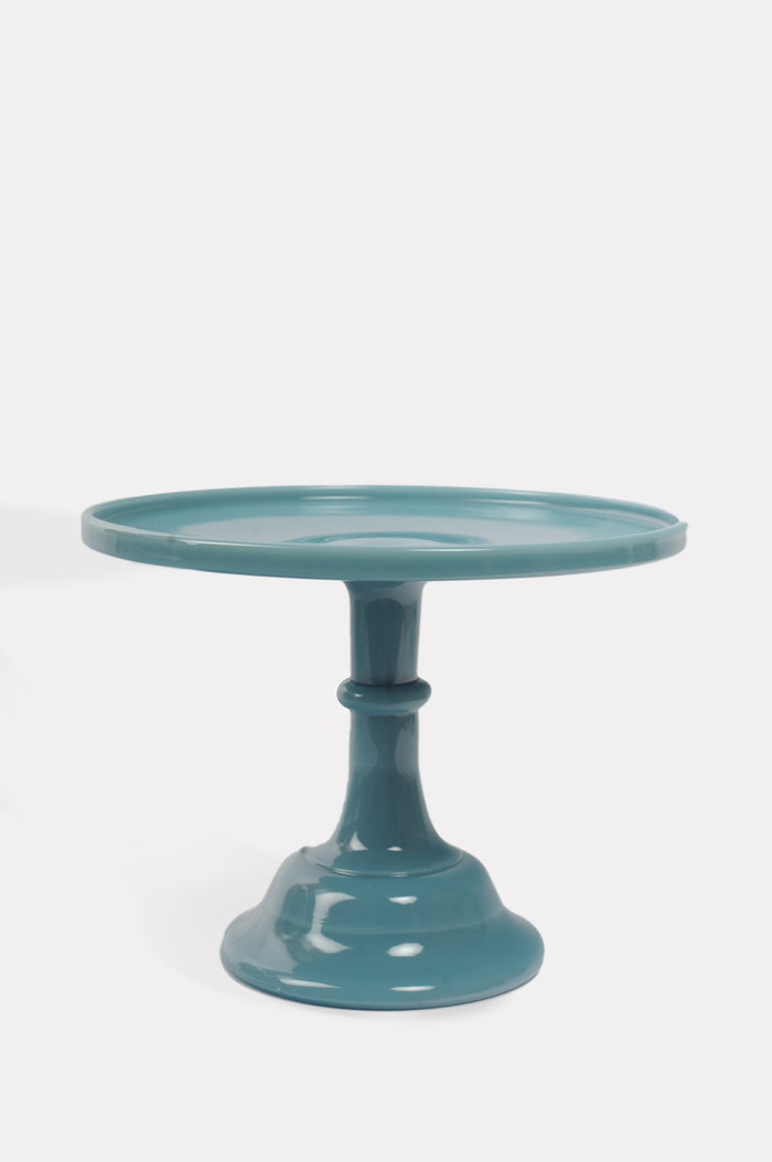 Mosser Glass 12 inch steel georgia blue moulded footed cake plate.