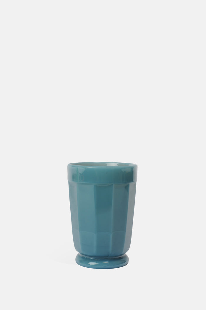 Mosser Glass moulded milk glass steel georgia blue panelled tumbler.