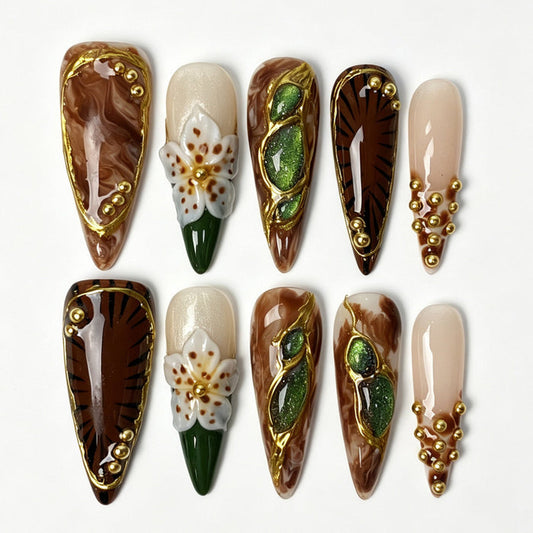 Long stiletto press‑on nails, brown marble gold‑foil 3D floral green glitter luxury fake nails