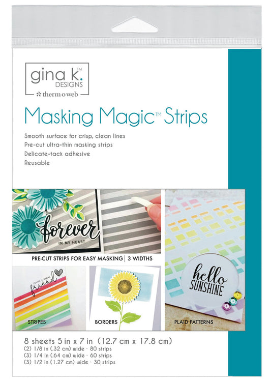 Gina K Designs - Masking Magic Strips - 5"X7" - 8/Pkg. Pre-cut to convenient widths, these ultra-thin, delicate-tack, adhesive-backed paper strips are designed to give crisp, clean without tearing or a sticky residue on your projects. Made in the USA. Available at Embellish Away located in Bowmanville Ontario Canada.