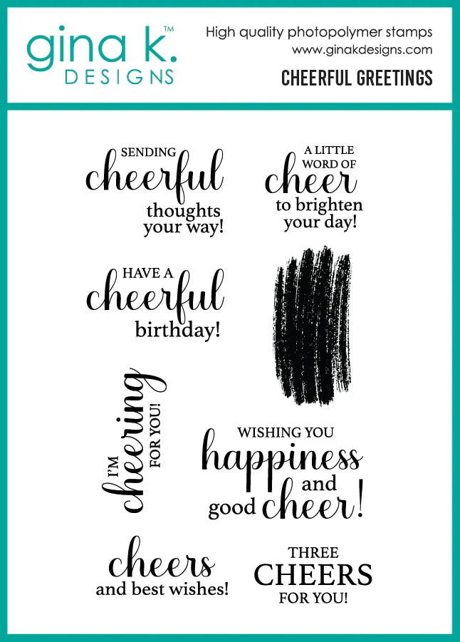 Gina K. Designs - Stamp & Die Set - Cheerful Greetings. Available at Embellish Away located in Bowmanville Ontario Canada.