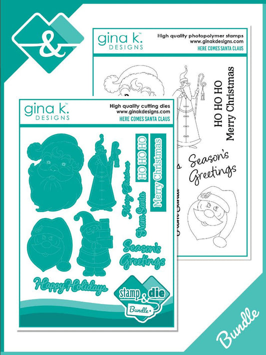 Gina K. Designs - Stamp & Die Set - Here Comes Santa Claus. Available at Embellish Away located in Bowmanville Ontario Canada.