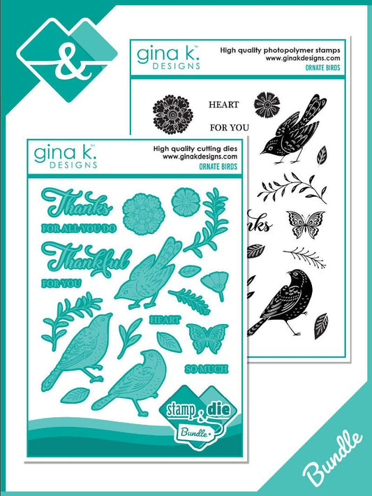 Gina K. Designs - Stamp & Die Set - Ornate Birds. Available at Embellish Away located in Bowmanville Ontario Canada.
