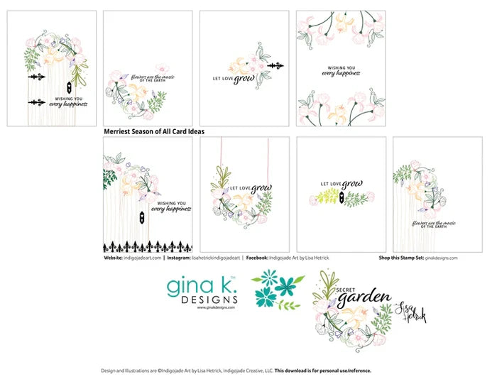 Gina K. Designs - Stamp & Die Set - Secret Garden. set by Lisa Hetrick. Available at Embellish Away located in Bowmanville Ontario Canada. Illustration and design by Lisa Hetrick for personal use only.