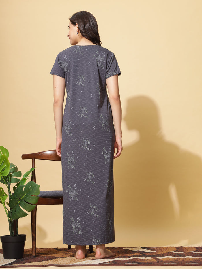 Embroidered Grey Front Open Nighty for Women