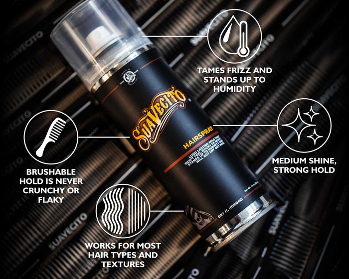 Suavecito Grooming Spray infographic — non-aerosol hairspray for men; all-day, touchable hold, medium shine; pairs with pomade; classic barbershop scent.