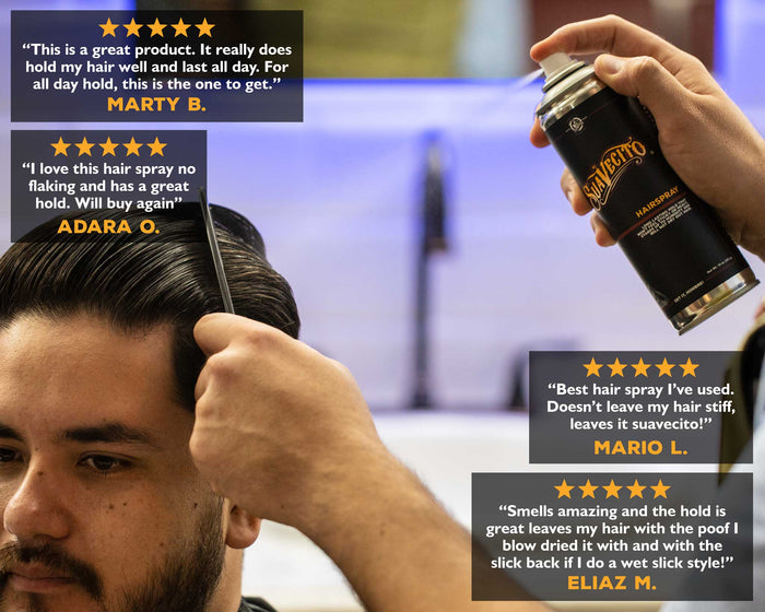 Suavecito Grooming Spray review tile—5-star ratings highlighting volume boost, flake-free finish, and easy restyle between washes.
