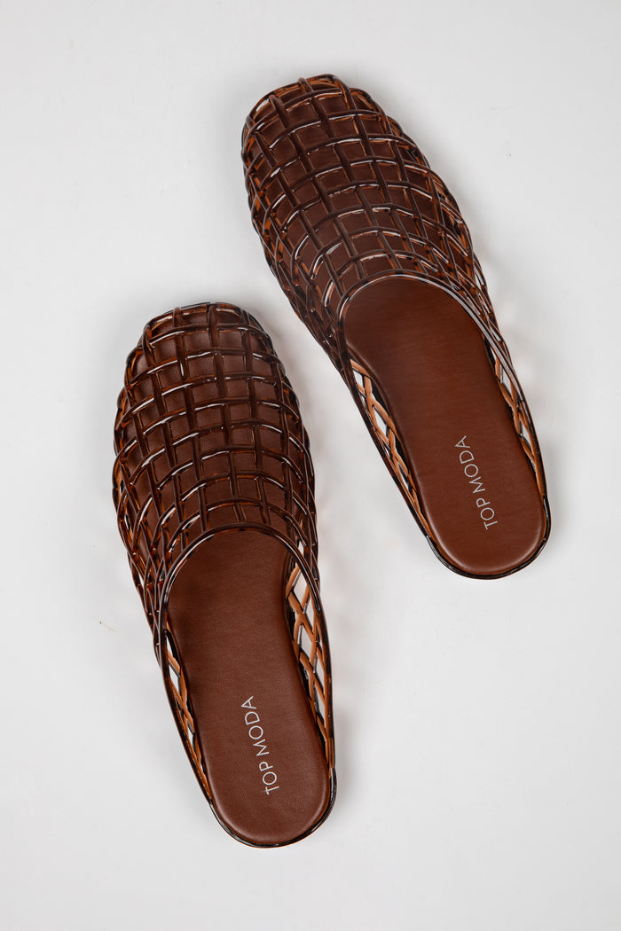 A pair of brown woven leather mule sandals with a square toe, displayed on a light gray background. The brand name 'TOP MOVA' is printed on the insole.