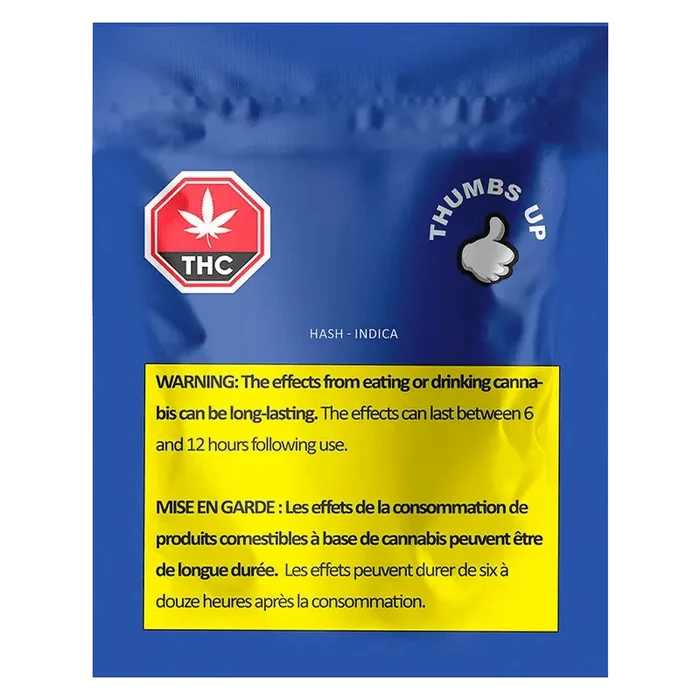 Front-facing shot of the Hash pouch showing a blue glossy bag with THC and "Thumbs Up" icons and a prominent yellow warning label.