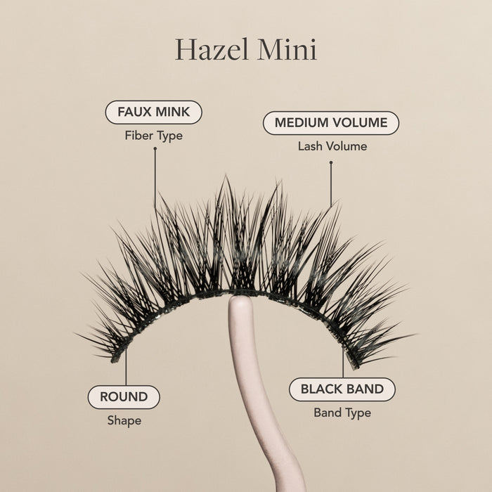 Hazel Mini false eyelash faux mink fibers, medium volume, round shape, and black lash band.