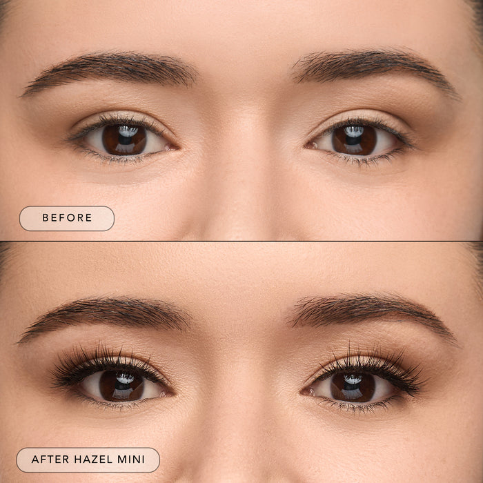 Before and after a model wearing Hazel Mini lashes.