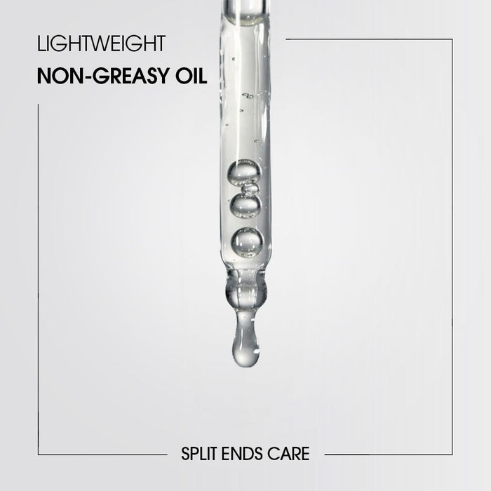 Close up of lightweight non-greasy split ends hair oil in dropper