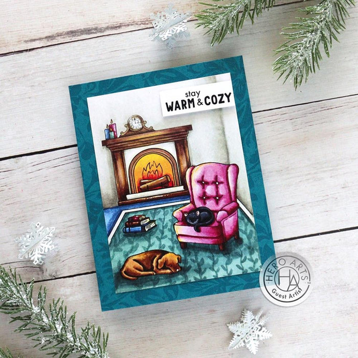 Hero Arts - Clear Stamp & Die Combo - Cozy Study. Get both together in this combo that includes: CM774 Clear Stamp Set and coordinating Frame Cuts. Available at Embellish Away located in Bowmanville Ontario Canada. Example by Hero Arts Guest Artist.
