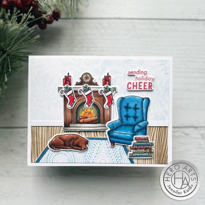 Hero Arts - Clear Stamp & Die Combo - Cozy Study. Get both together in this combo that includes: CM774 Clear Stamp Set and coordinating Frame Cuts. Available at Embellish Away located in Bowmanville Ontario Canada. Example by Jennifer Kotas.