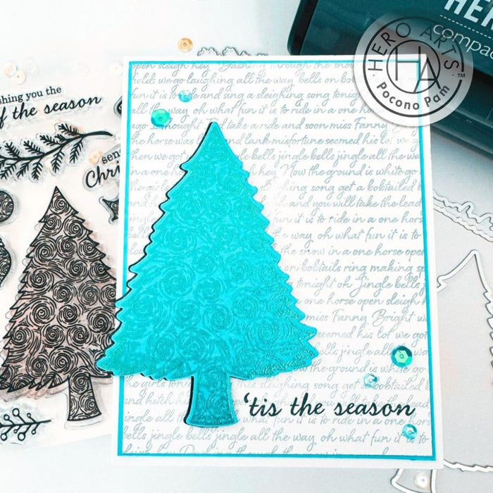 Hero Arts - Clear Stamp & Die Combo - Swirly Christmas Tree. Get both together in this combo that includes: CM771 Clear Stamp Set and coordinating Frame Cuts. Available at Embellish Away located in Bowmanville Ontario Canada. Example by Pocono Pam