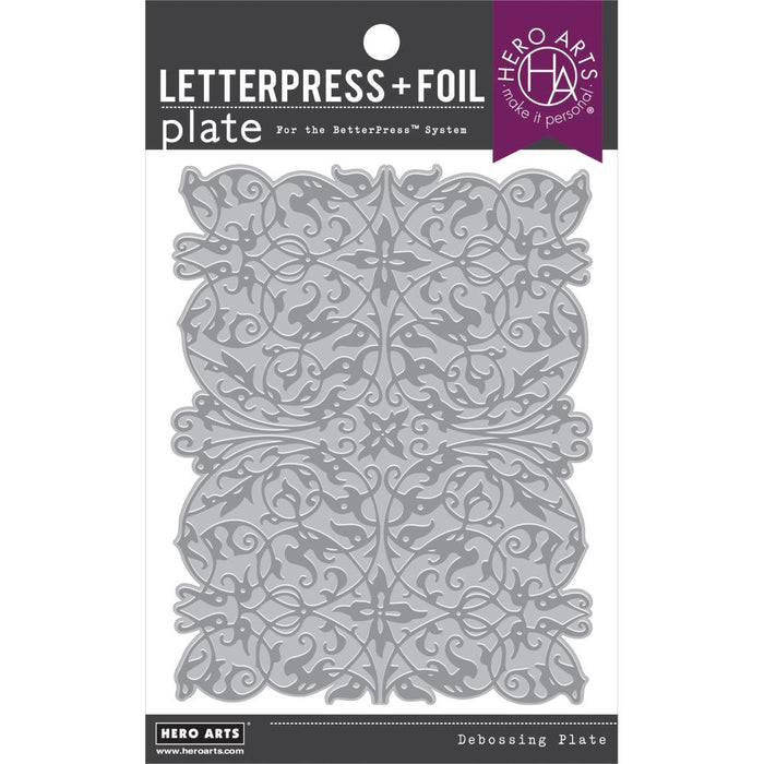 Hero Arts - Letterpress & Foil Plate - Lacy Filigree. Foiling, deboss, and inked impressions. Available at Embellish Away located in Bowmanville Ontario Canada.