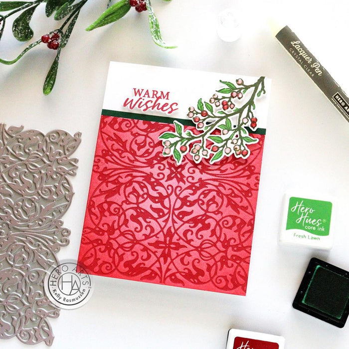 Hero Arts - Letterpress & Foil Plate - Lacy Filigree. Foiling, deboss, and inked impressions. Available at Embellish Away located in Bowmanville Ontario Canada. Card example by Kelly Rasmussen.