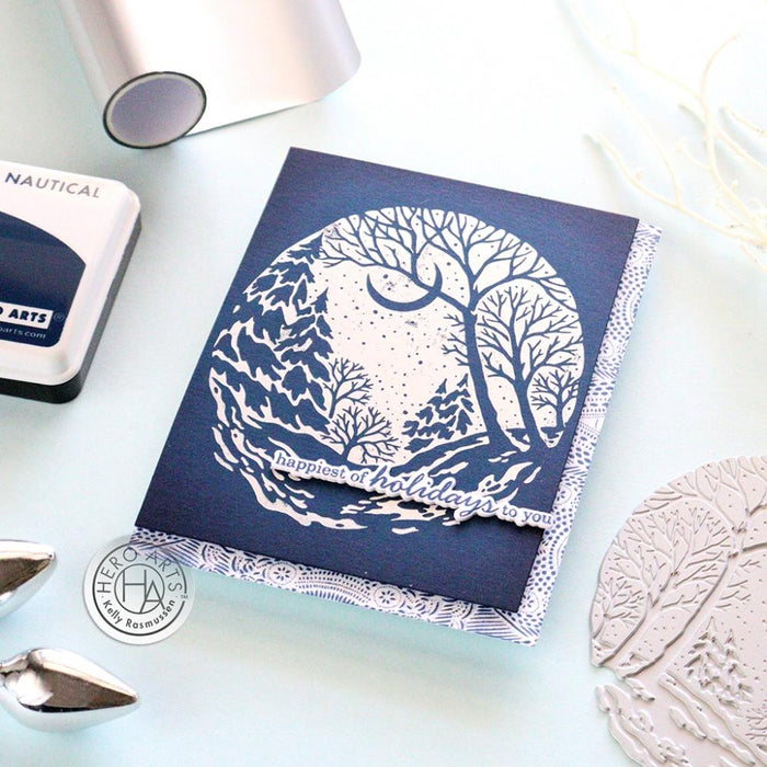 Hero Arts - Letterpress & Foil Plate - Winter Forest. Foiling, deboss, and inked impressions. Available at Embellish Away located in Bowmanville Ontario Canada. Example by Kelly Rasmussen