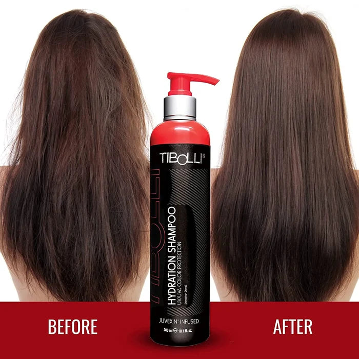 Tibolli Hydration Shampoo 300 ml, Juvexin infused, between frizzy brown hair labeled BEFORE and sleek shiny hair labeled AFTER