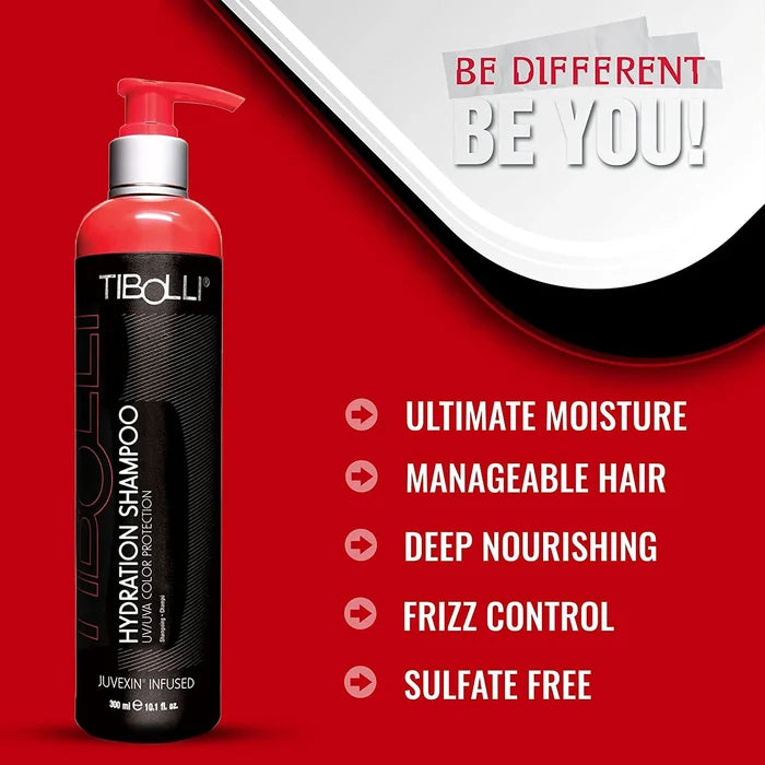 Tibolli Hydration Shampoo bottle, Be Different Be You: ultimate moisture, manageable hair, deep nourishing, frizz control and sulfate free