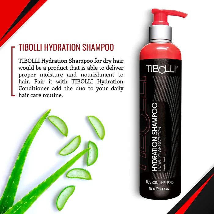 TIBOLLI Hydration Shampoo bottle with aloe vera slices, designed for dry hair to provide moisture and nourishment.