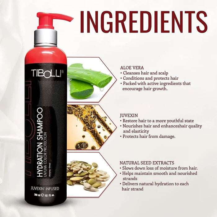 Tibolli Hydration Shampoo ingredients: aloe vera cleanses and conditions, Juvexin restores and protects, seed extracts hydrate