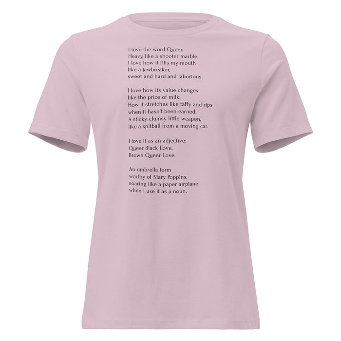 A light pink short-sleeve t-shirt with black printed text on the front, displayed against a solid white background.