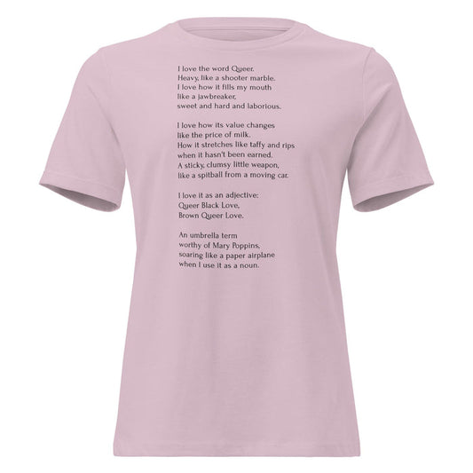 A light pink short-sleeve t-shirt with black printed text on the front, displayed against a solid white background.