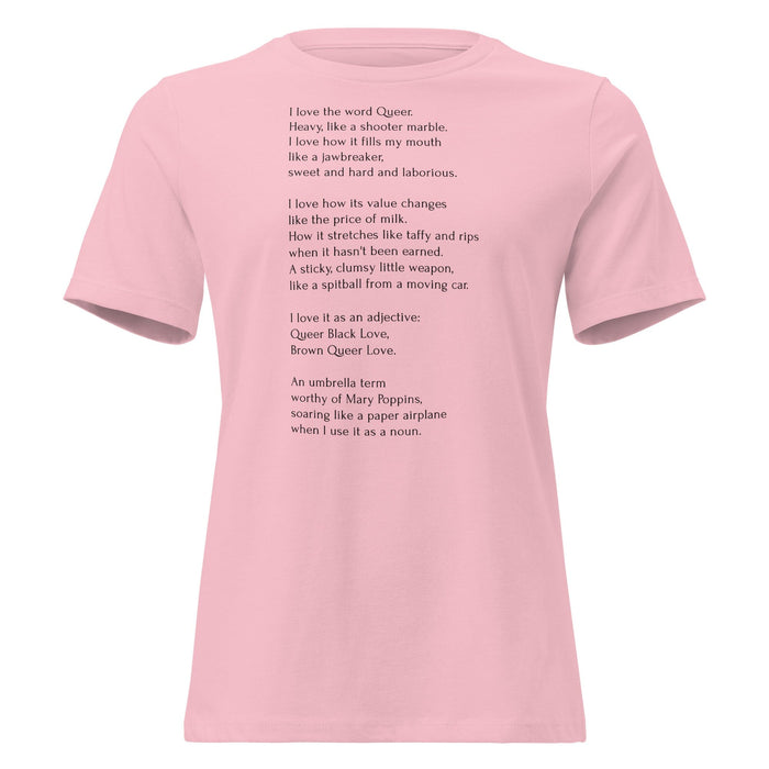 A light pink short-sleeve crewneck t-shirt featuring a printed poem about the word 'Queer' in black text on the front, displayed against a solid white background.