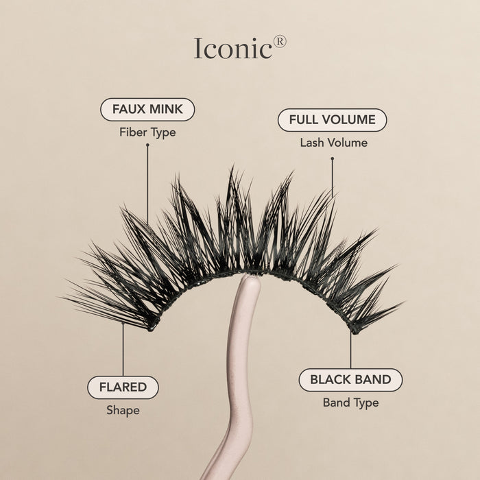 Iconic false eyelash faux mink fibers, full volume, flared shape, and black lash band.