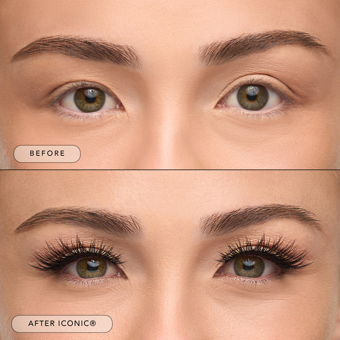 Before and after of a model wearing Iconic false eyelashes.
