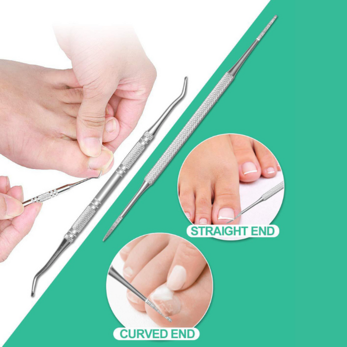 The image shows a 2-piece stainless steel ingrown toenail tool set with a straight end and a curved end. The tools are being used on a person's feet to manage an ingrown nail.