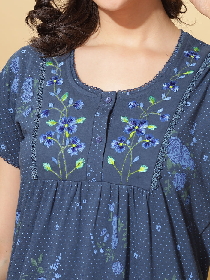 Ink Blue Cotton Blend - Branded Front Open Nighty for Women