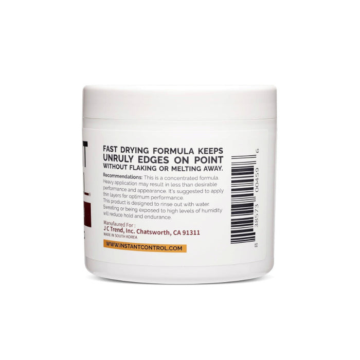 INSTANT CONTROL maximum hold edge control gel jar back label showing fast drying formula for sleek edges