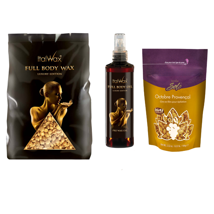 W323 Italwax Full Body Film Wax and Oil | A three-piece Italwax Full Body Care Film Wax including a 1kg black bag of Full Body Wax, a dark amber bottle of Full Body Oil, and a purple and gold pouch with 100g Full Body Wax, displayed against a plain white background.