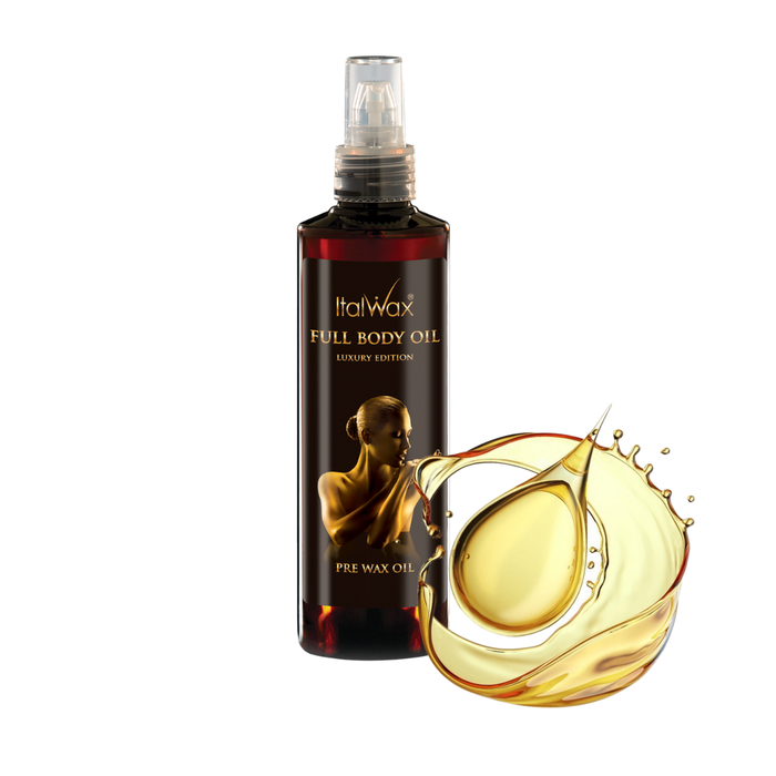 W330 250ml Italwax Full Body Film Wax | A brown bottle of 250ml Italwax full body oil with a droplet of golden oil on a white background