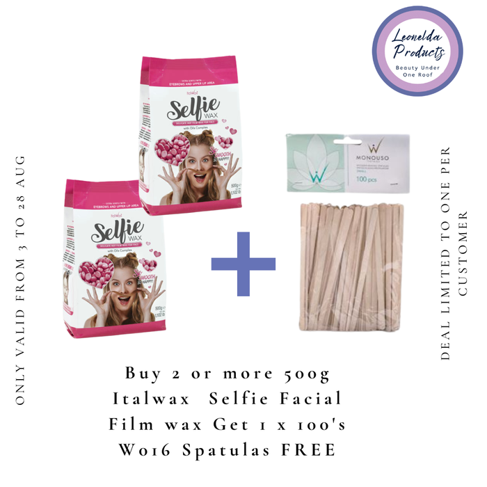 W390 Italwax Selfie Film Wax August 2026 Special |Promotional graphic for Leonilda Products August Specials, featuring two bags of Selfie Film Wax, a packet of Italwax wooden spatulas, with text offering free face spatulas for purchases of 2 or more Selfie Film Wax bags.