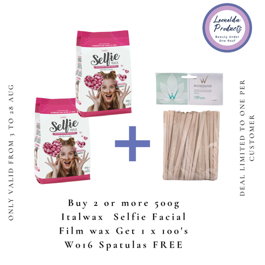 W390 Italwax Selfie Film Wax August 2026 Special |Promotional graphic for Leonilda Products August Specials, featuring two bags of Selfie Film Wax, a packet of Italwax wooden spatulas, with text offering free face spatulas for purchases of 2 or more Selfie Film Wax bags.