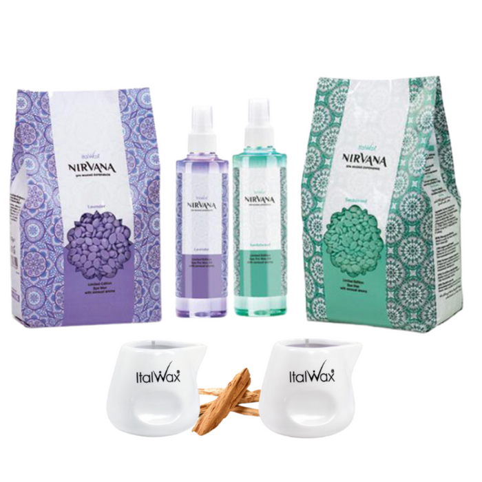 W382 Italwax Vanira Spa Sandalwood and Lavender 1kg Film Wax | A collection of Italwax Vanira pa waxing products including a purple and purple package with the brand and product name, two spray bottles, and white containers for the waxing process.