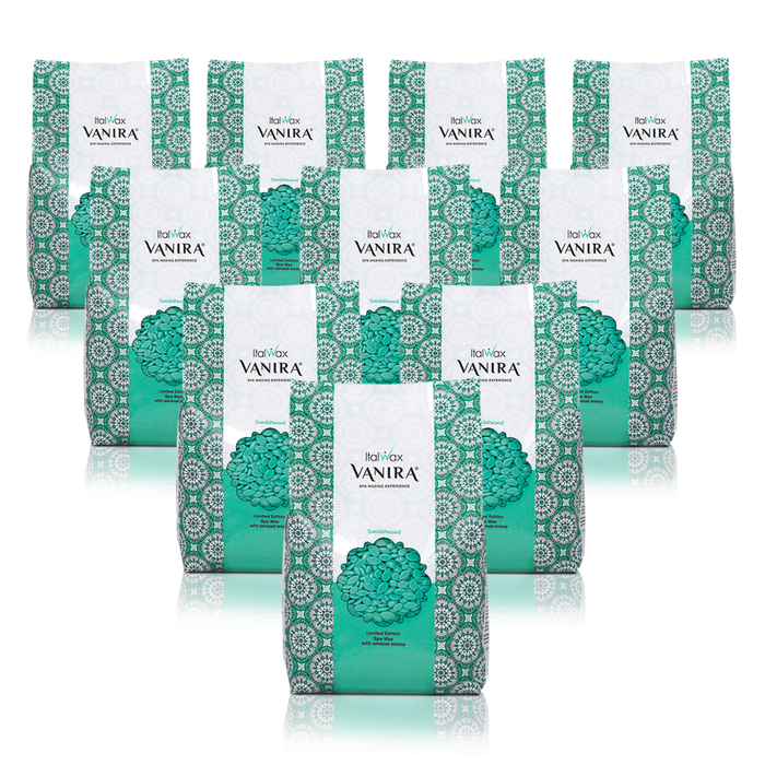 W383 Italwax 10 x 1kg Vanira Spa Sandalwood Film Wax | A collection of teal Italwax Sandalwood film wax, for professional hair removal, in a white and teal branded Italwax plastic bag with teal wax beads showing