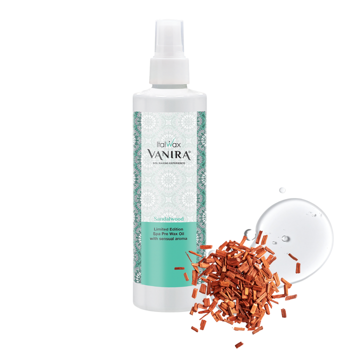 W931 Italwax 250ml Vanira Spa Sandalwood Pre-wax Oil | Vanira pre-wax oil with sandalwood in spray bottle with a white background and sandalwood with a droplet of oil in foreground