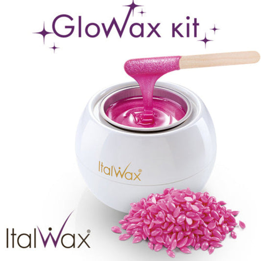 W399 Italwax Glowax Kit | Italwax Glowax white small round wax heater / warmer with cherry pink wax, for face waxing, a spatula with pink wax dripping in pot and pink pearl wax beads in the foreground