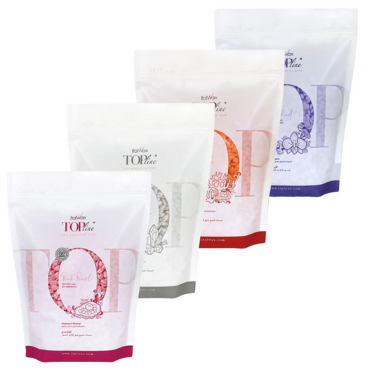 W317 Italwax Top Line Synthetic Film Wax for sensitive skin | Four packets of Italwax Top Line Film Wax in different colors, each labeled with the brand name and the color of the wax.